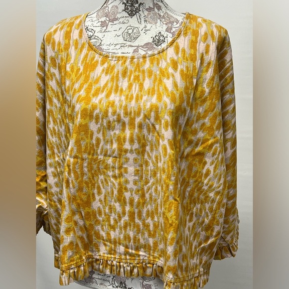 CYNTHIA ROWLEY Yellow Cheetah print Linen ruffle top size M - Picture 2 of 13